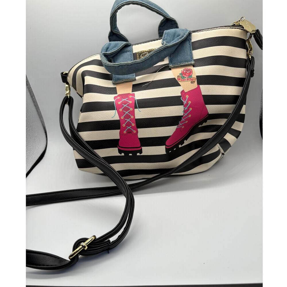 Betsey Johnson Black & White Striped Canvas Tote – Legs Appliqué - Picture 3 of 10
